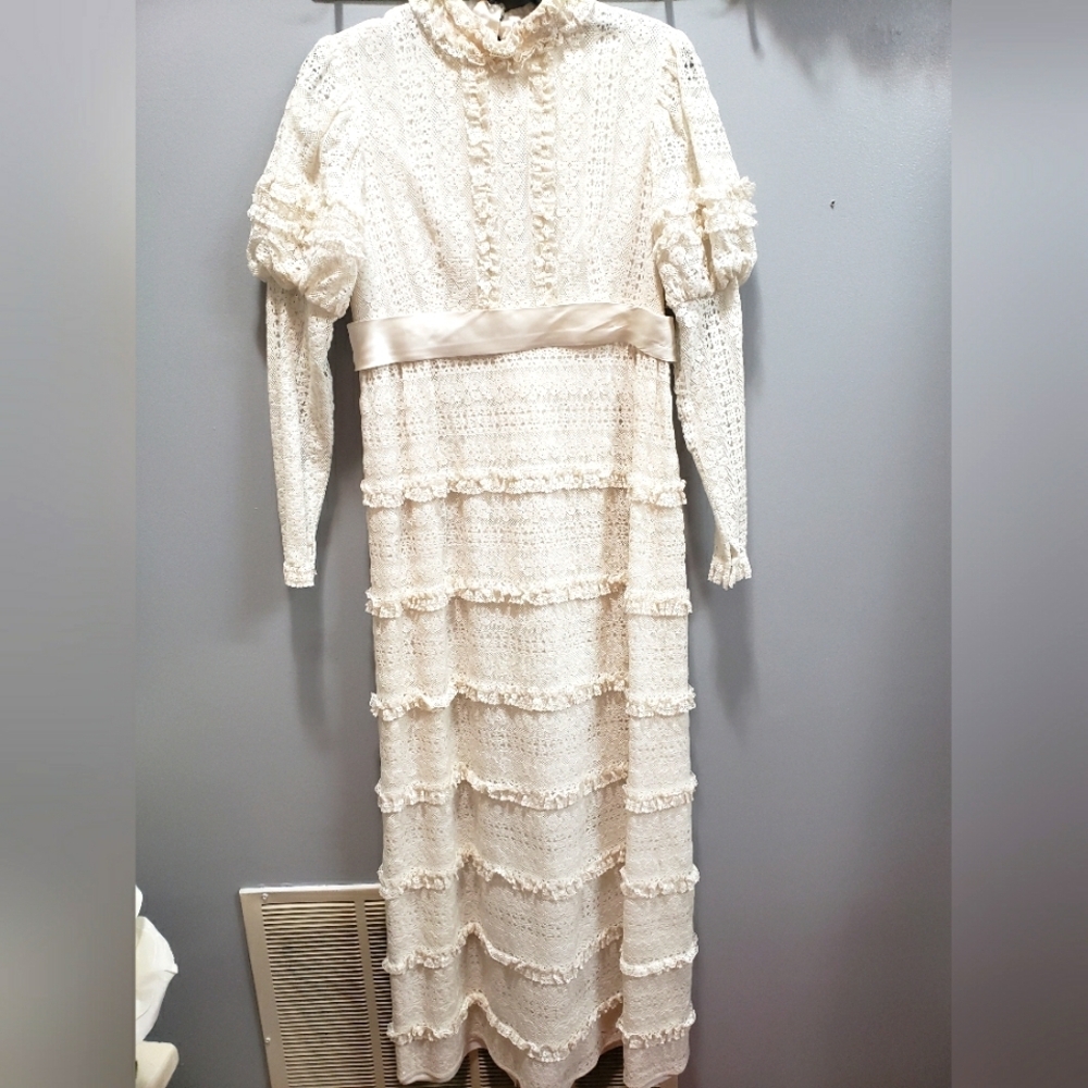 Emma Domb Vintage Long Tiered Cream Lace Dress, Size 13